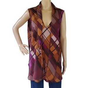 Nine West Women's Size 2X Sleeveless Tie Blouse Multicolor Geometric Plaid Print